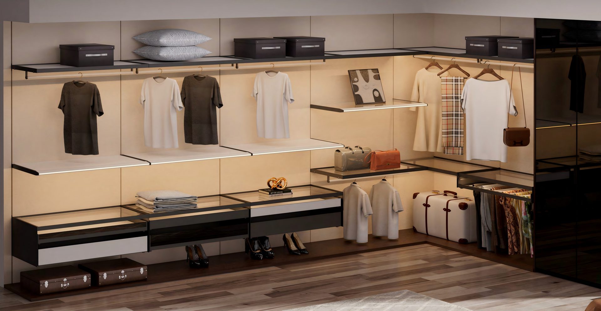 Begehbarer Kleiderschrank mit beleuchteten Regalen